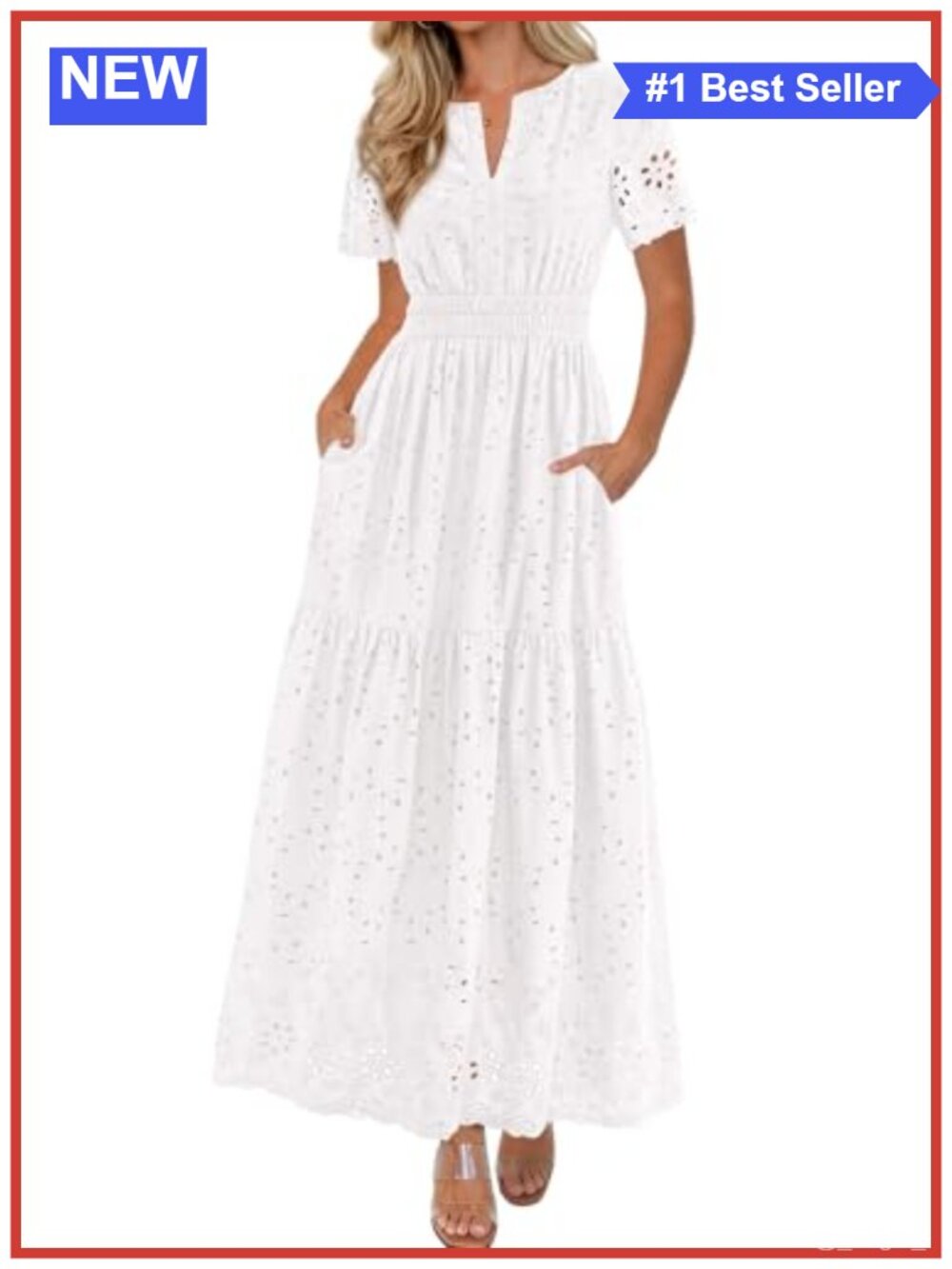 Cotton Maxi Dress V-Neck Short Sleeve Hollow Out A-Line with Pockets